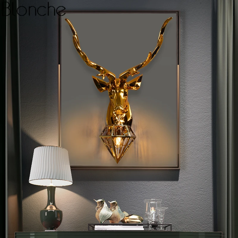 American Retro Gold Deer Wall Lamp Antlers Light Fixtures Living Room Bedroom Bedside Led Sconce Home Decor Luminaire | Освещение