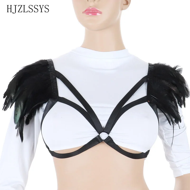 Black Sexy Body Harness for Women Feather Epaulettes Lingerie Cage Bra Bondage Tops Goth Angel Wings Party Dance Festival Rave | Женская