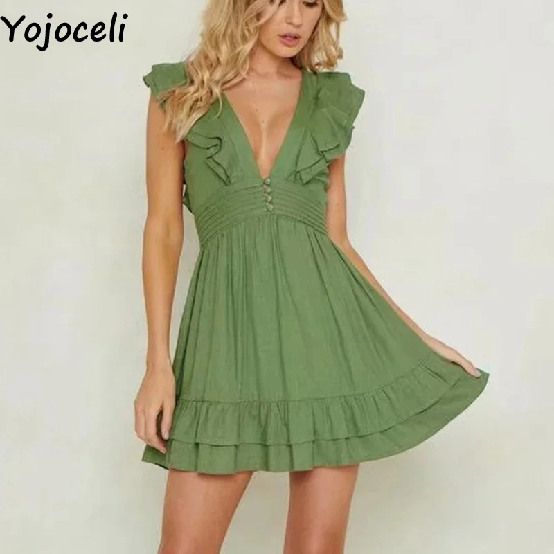 Yojoceli сексуальный V шеи рюшами Короткое платье женские летние элегантные вечерние