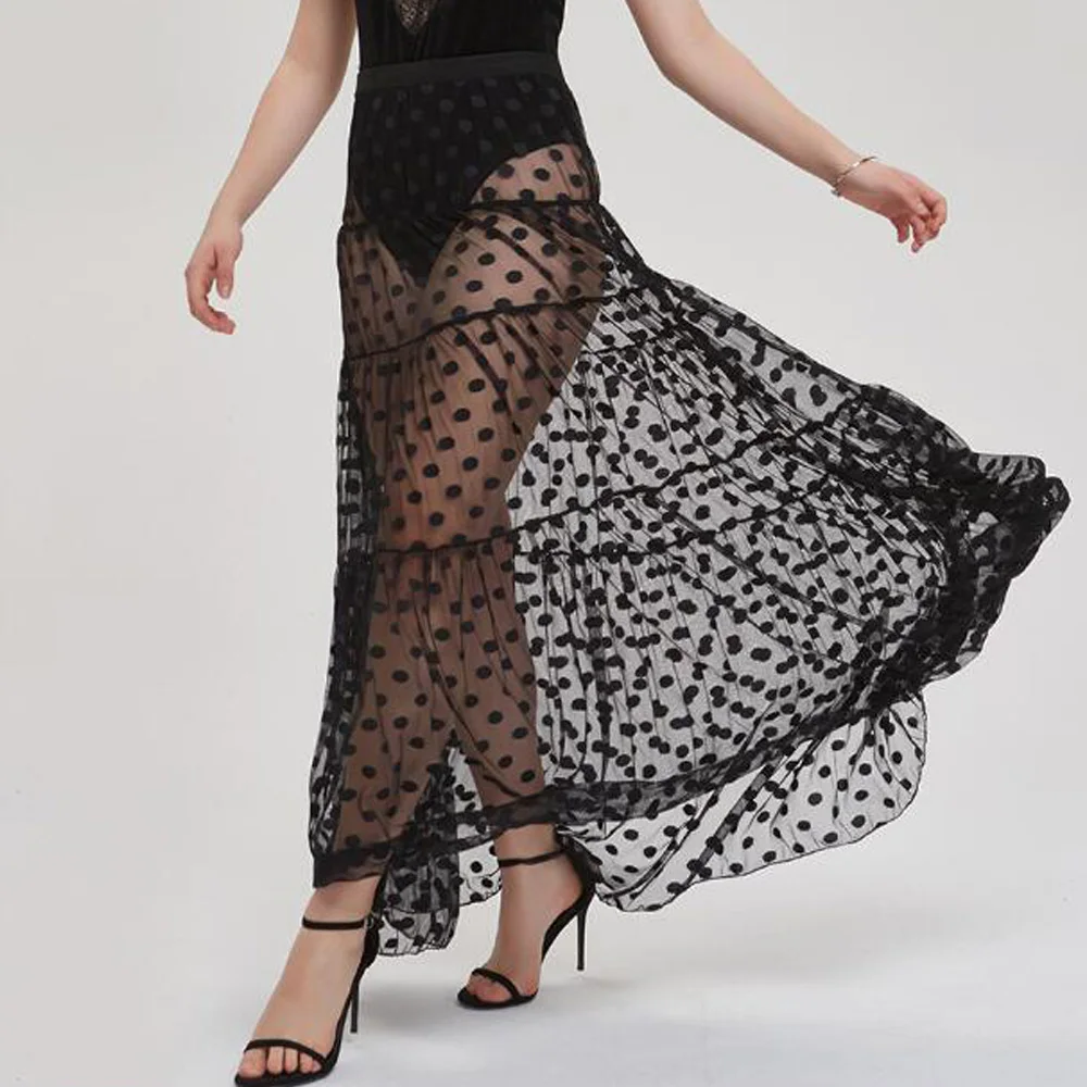 

Fall Winter Overskirt Gothic Black Polka Dot Long See Through Mesh Tulle Skirt Vintage Streetwear Elastic Waist Pleated Skirts