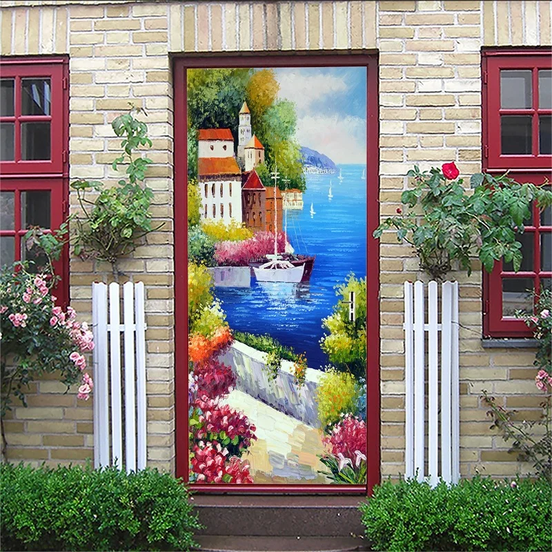Door Stickers22 С изображением пейзажа с фонтаном креативная художественная дверь водостойкая 3D настенная палка Diy самоклеящаяся художественная домашняя Декорация-наклейка - Цвет: Door Stickers22