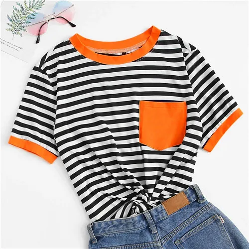Orange Pocket ROMWE, разноцветные женские футболки с контрастным карманом в полоску, новинка, летние футболки в консервативном стиле, повседневные топы с коротким рукавом и круглым вырезом - Цвет: Orange Pocket