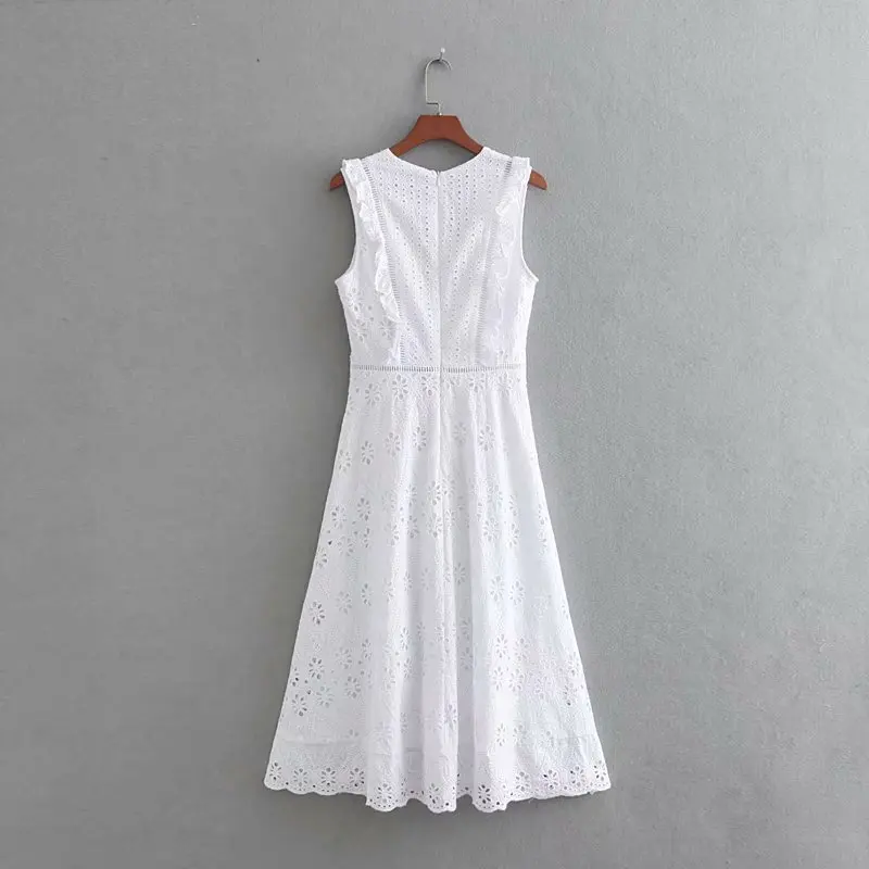 Платье женское кружевное с вышивкой без рукавов V-образным вырезом | Женская