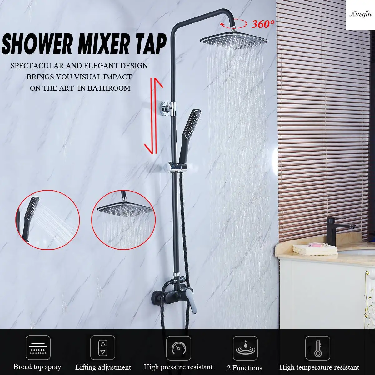 G1/2 Bathroom Black Wall Mounted Rainfall Shower Set Shower Spray Mixer Tap Faucet Mixer Valve Set Single Handle Hot and Cold