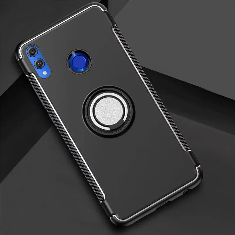 black Huawei P Smart чехол для huawei P Smart чехол Роскошный прозрачный ПК+ защитное кольцо из углеродного волокна магнетизм оболочки Caque - Цвет: black