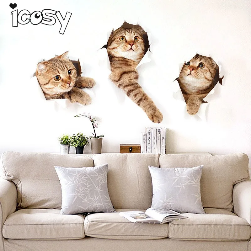 3D наклейки на холодильник Icosy 3 шт. стену с изображением кошек домашний декор