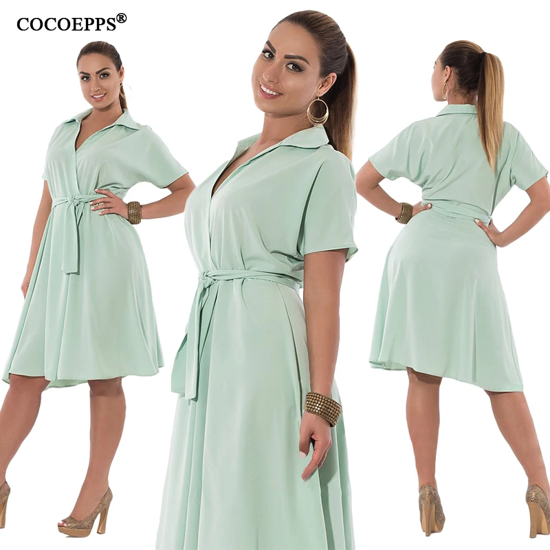 

2018 New 5XL 6XL Plus Size Fashion Women Dress With Sashes Loose Short Sleeve Turn-down Collar Casual Dresses Big Size Clothing