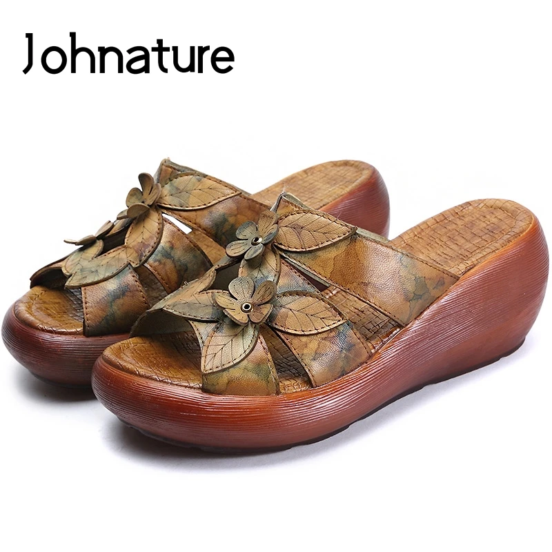 

Женские шлепанцы на танкетке Johnature, из натуральной кожи, с цветочным принтом, сланцы, повседневная обувь в стиле ретро для улицы, для лета, 2021
