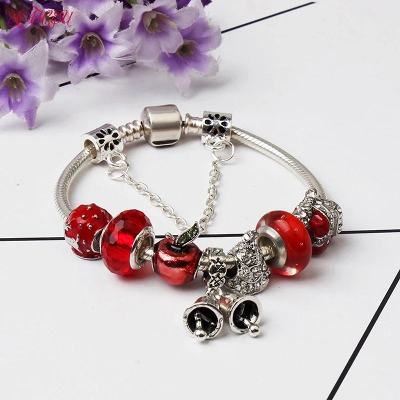 MaHeu Safety Clasp Charm Bracelets Silver Exquisite Red Crystal Beads Bells Pendant Christmas Tree Bead Fit Gift For Women&ampGirl |