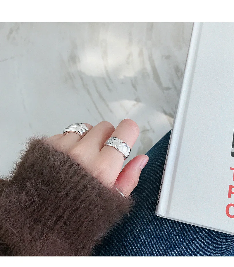 SHANICE INS, 925 пробы, серебряное, шикарное, в клетку, стильное, Открытое кольцо для женщин, большие, гладкие, широкие кольца для лица, для женщин, в стиле панк, Bijoux Femme