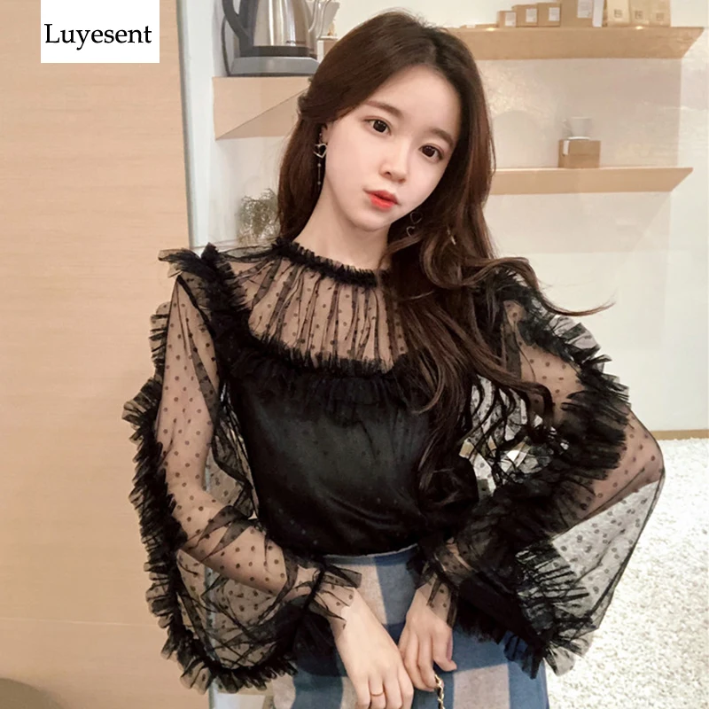 Женская прозрачная блузка в горошек винтажная черного розового бежевого цвета с