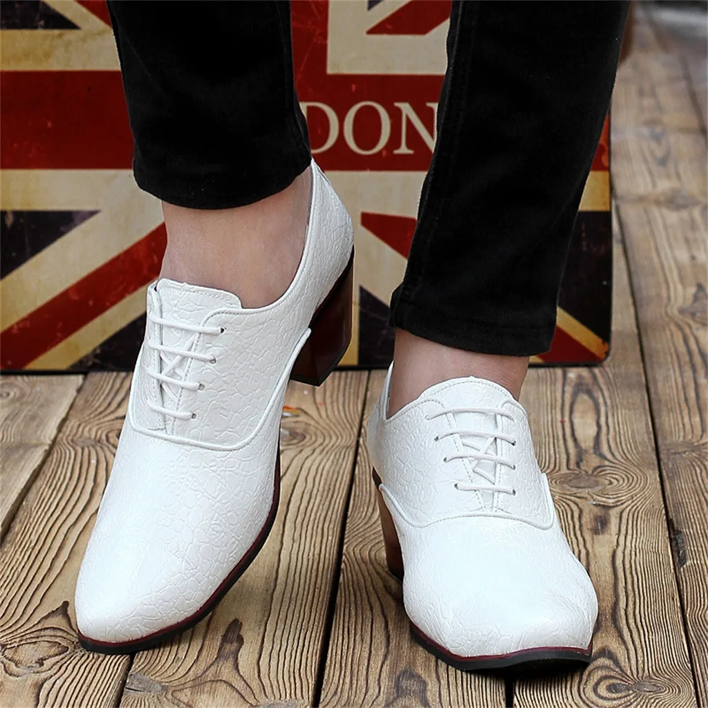Men Pointed Toe leather shoes Lace-Up Alligator Pattern Busines Dress shoes British style High heel Male Wedding shoes 7.11 - Цвет: WH
