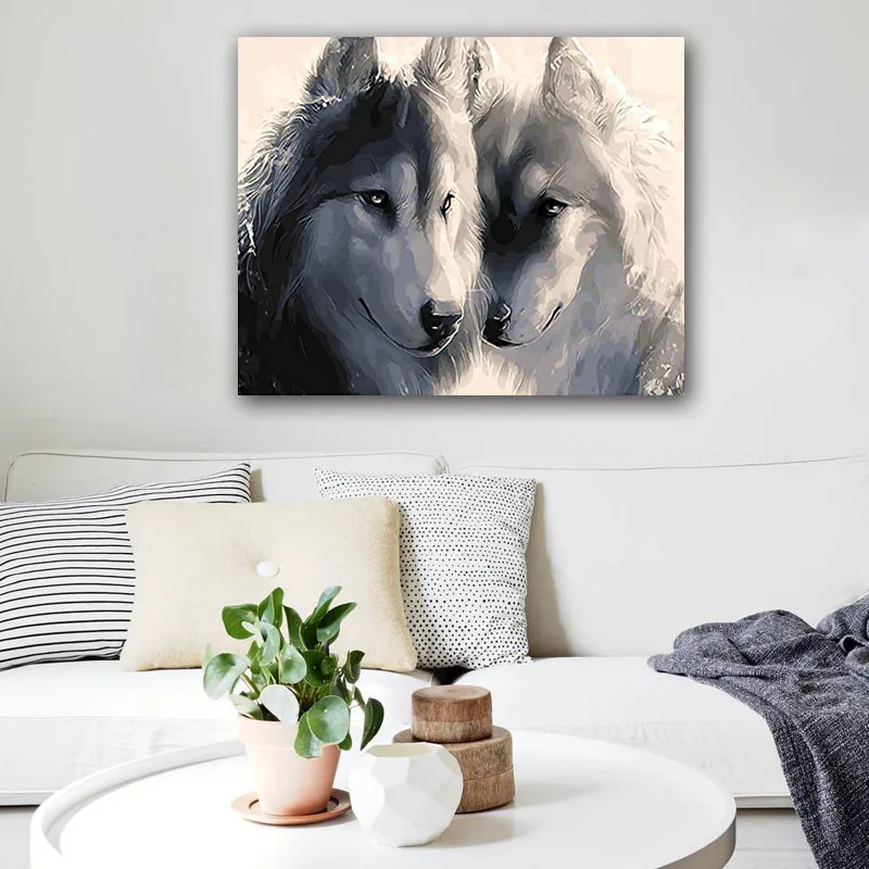 DIY картинки для раскраски по номерам с волк пары рисунок живописи защелка дома |