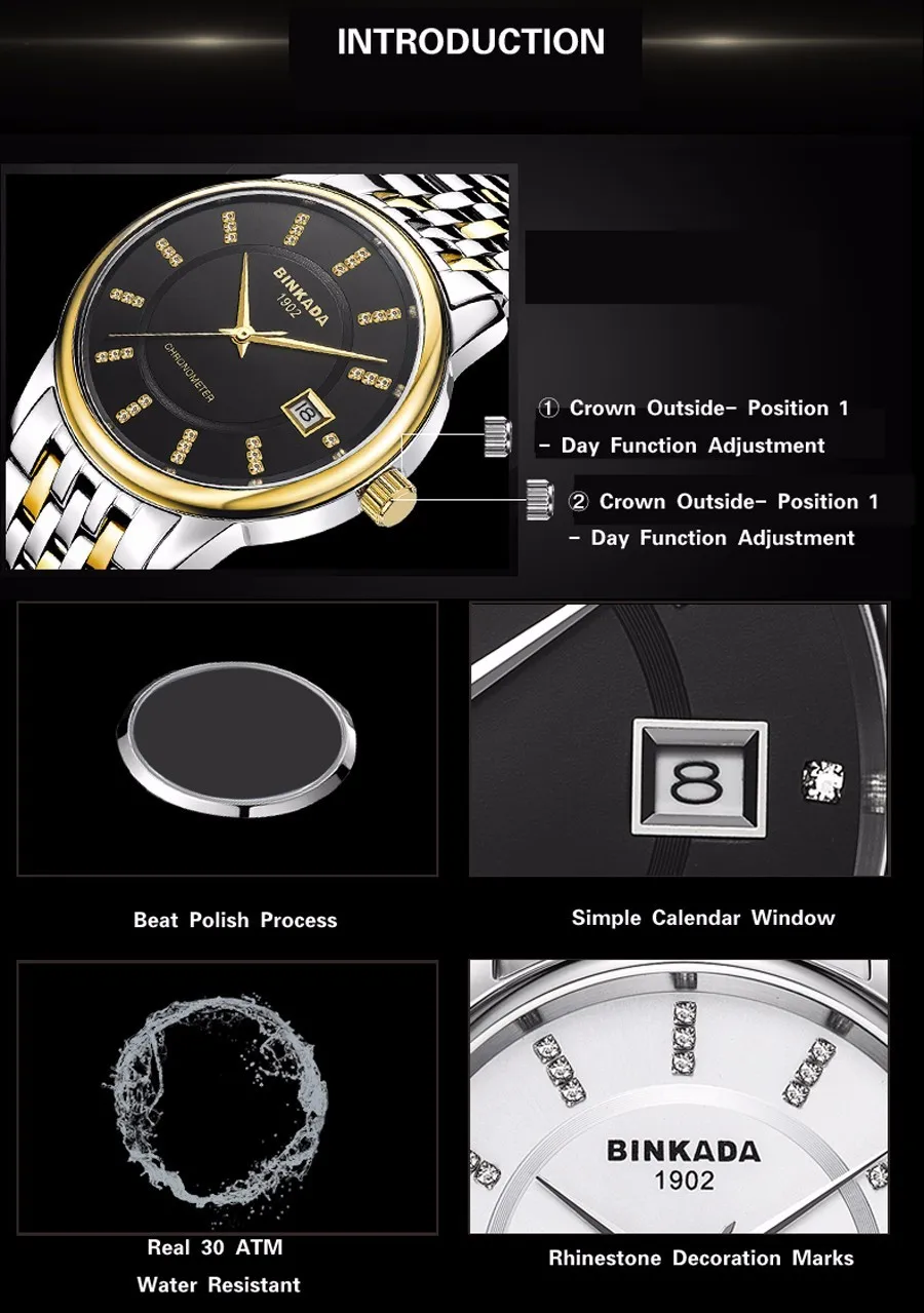 5А Часы из нержавеющей стали мужские Binkada 50 м часы мужские reloj