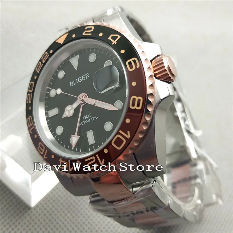 Bliger 40 мм черный циферблат розовое золото GMT сапфировое стекло Автоматические наручные часы 2625