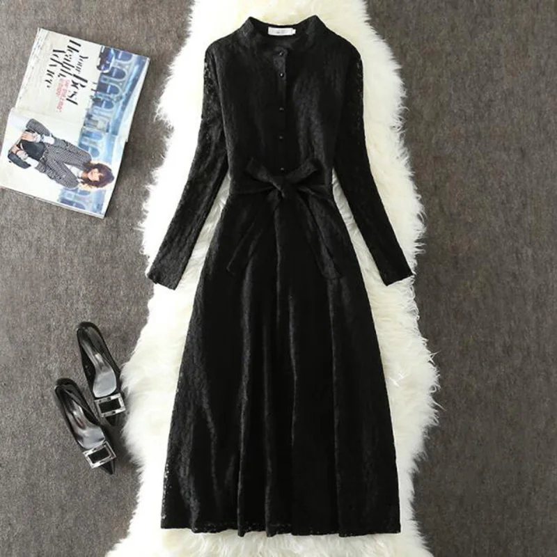 2019 Spring Autumn Women Dress Vintage Long Sleeve Lace Elegant Slim Single-breasted Party Dresses Vestidos | Женская одежда