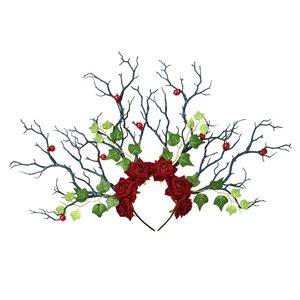 Длинный обруч на голову с рогами ветви деревьев рога повязка для волос Готический Косплей вечерние головные уборы розы Лист ягоды головной убор маскарадный костюм лолита