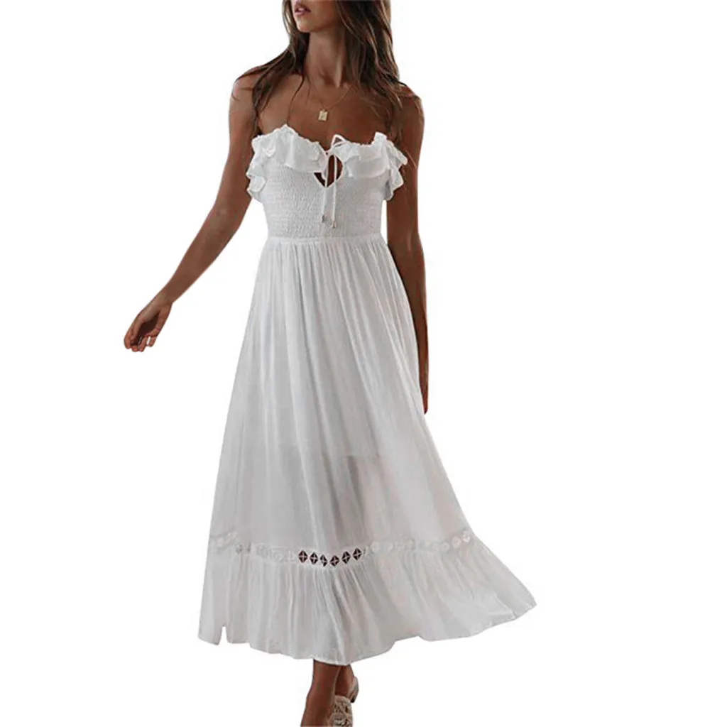 Летнее Повседневное платье женское сексуальное кружевное без рукавов бретелек с