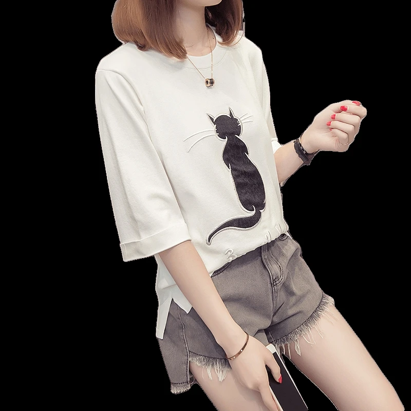 

2019 Women's fashion new ice hemp refreshing embroidery cat loose elastic coat girl with short sleeves Summer wear