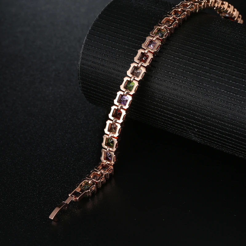 MOONROCY Free Shipping Rose Gold Color Square Colourful Crystal Cubic Zirconia Bracelet Jewelry Bangle for Girl Women Gift | Украшения и
