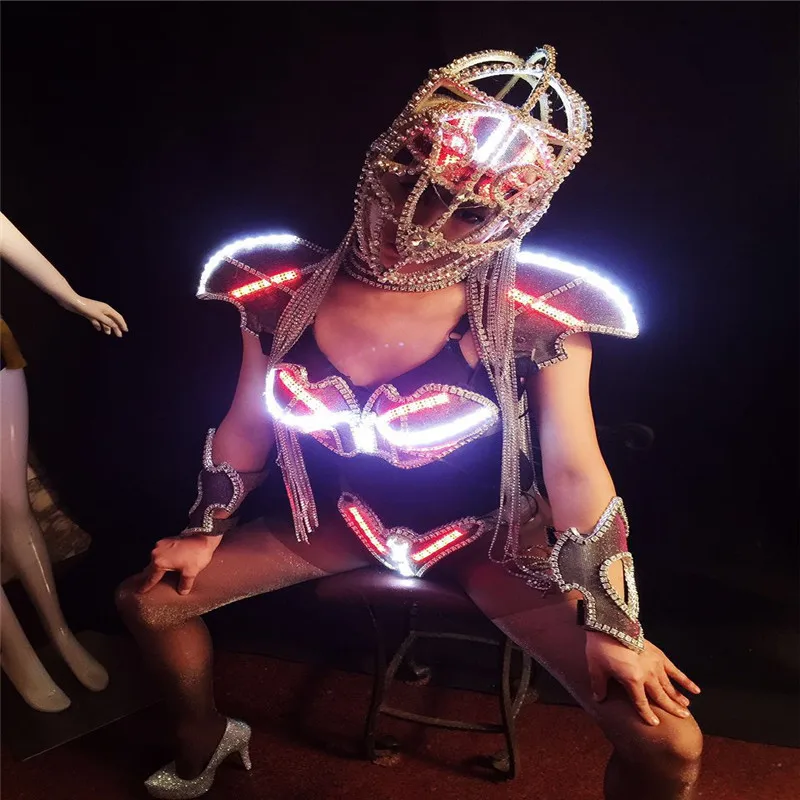

AS86 Ballroom dance led costumes stage wears catwalk performance helmet dj luminous dress clothe bar outfit clothe robot sexy ds