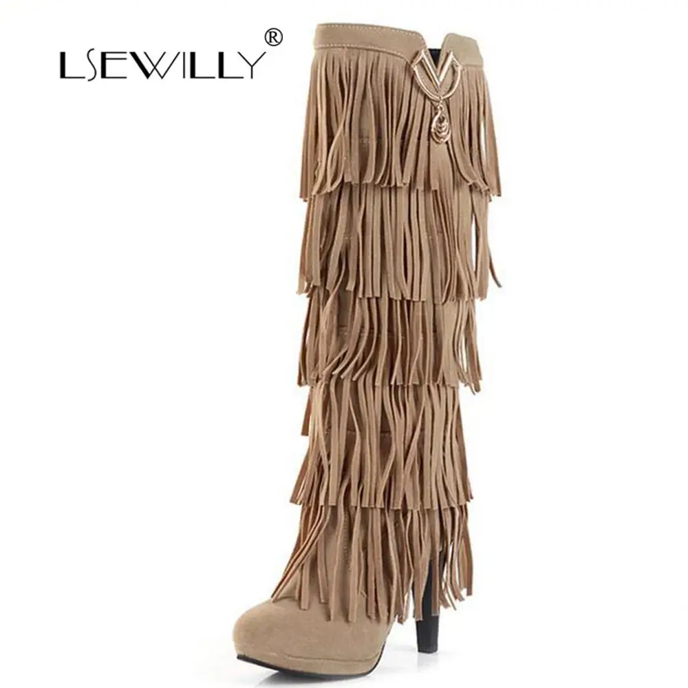 

Lsewilly New Flock Winter Women Boots High Heels Over The Knee High Bota Shoes Fringe Tassels Fashion Long Boots Woman AA255