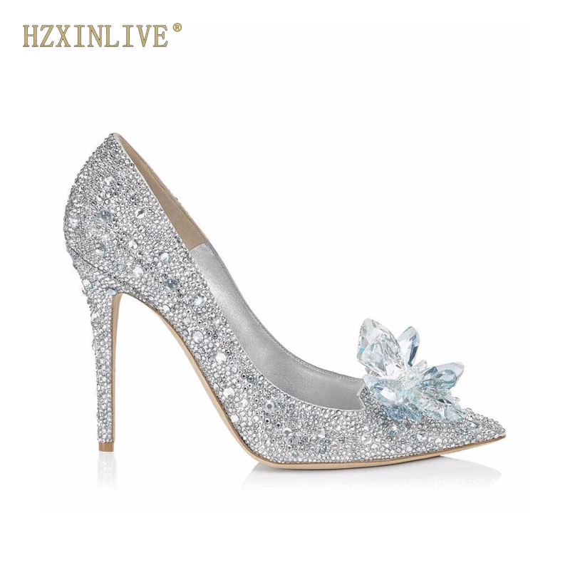 Luxury Brand Crystal Wedding Shoes for Women Pointed Toe Cinderella Heels Shoes Rhinestone High Heels Shoes Size 10 11