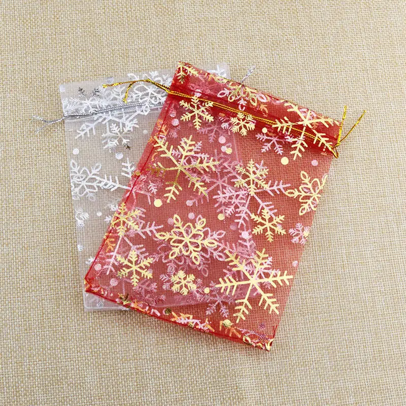 

100Pcs White & Red Snowflake Print Organza Bags 7X9 10X14 13X18cm Christmas Drawstring Gift Bag Jewelry Packaging Bags Pouches