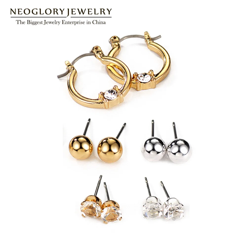 Серьги гвоздики Neoglory стразы из белого и золотого золота набор для женщин девушек