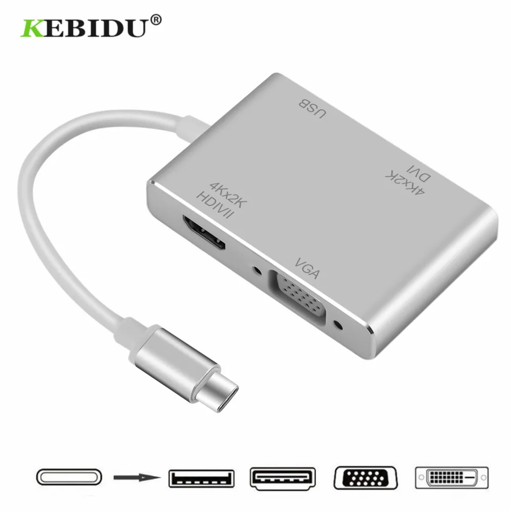

KEBIDU 4 in 1 USB 3.1 USB C Type C to VGA DVI USB 3.0 Adapter Cable for Laptop Apple USB C HUB Splitter