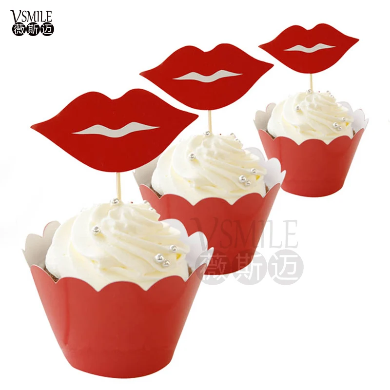 24 шт. крутая розовая Корона Детские свитшоты с красными губами обертки для кексов