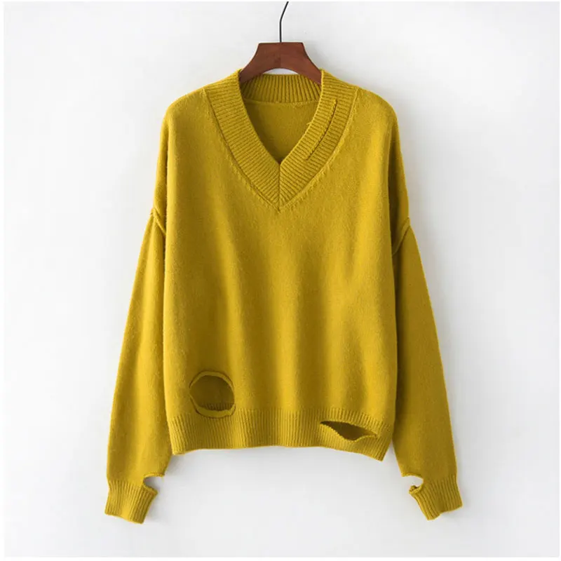 

Женский Теплый свитер с дырками, вязаный пуловер с длинным рукавом и v-образным вырезом в Корейском стиле, Осень-зима 2018