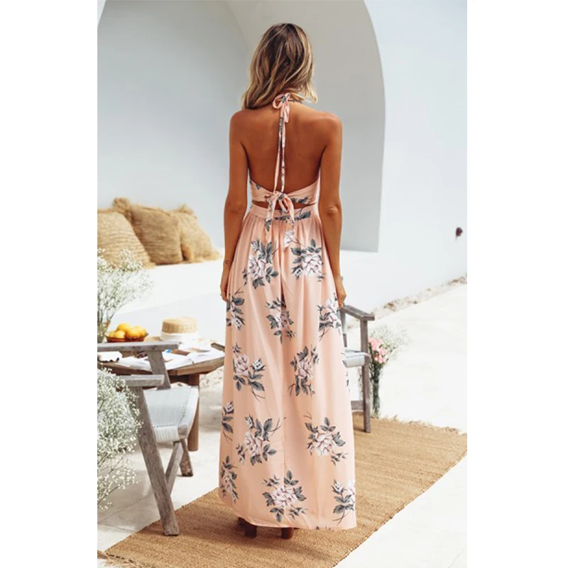 Women Dress Summer Sexy Boho Maxi Long Beach Dresses Sundress Print Floral Halter Vestido V Neck Evening Party Женская одежда