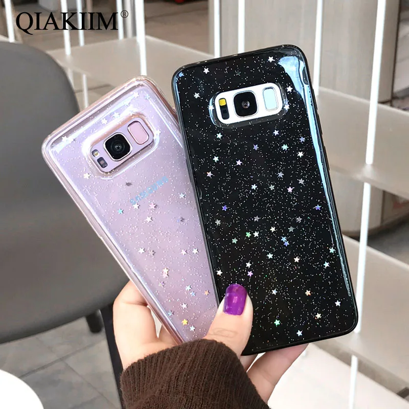 Прозрачный блестящий чехол со звездами для Samsung S7 edge S8 S9 Plus Note 8 мягкий из ТПУ iphone XS
