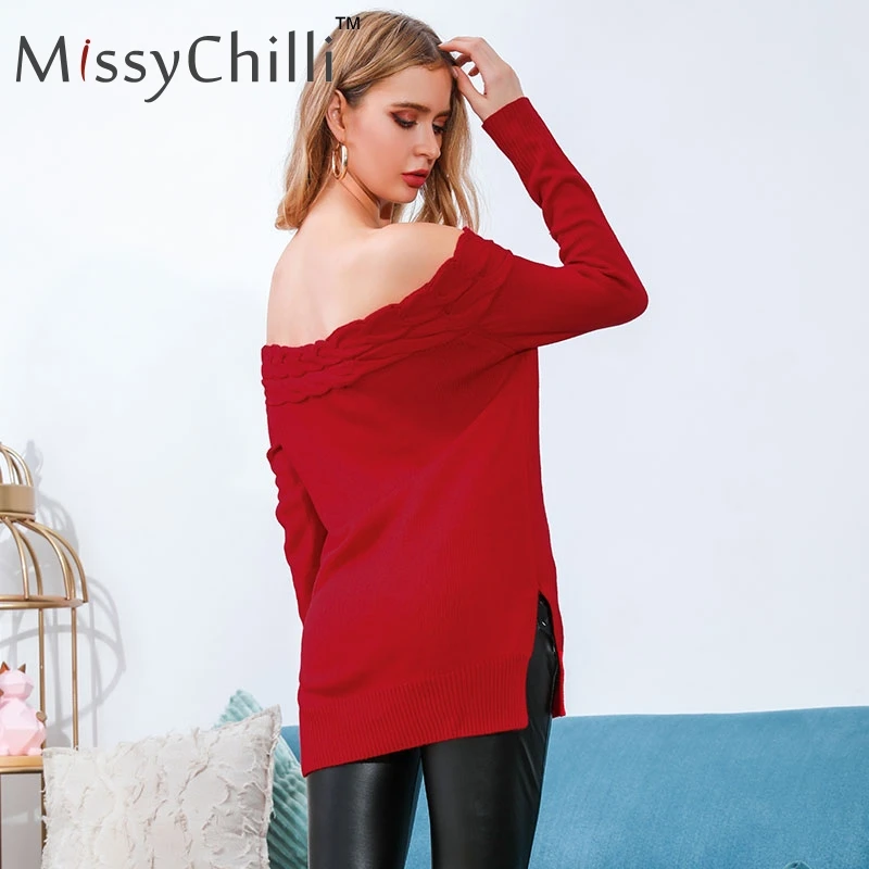 MissyChilli с открытыми плечами сексуальное красное платье-свитер джемпер длинными