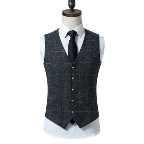 GREY Plaid Мужская повседневная куртка без рукавов, пальто, мужские официальные жилеты, костюм, жилет, тонкий шерстяной клетчатый жилет, британский осенний костюм, жилет 5XL 6XL - Цвет: GREY Plaid