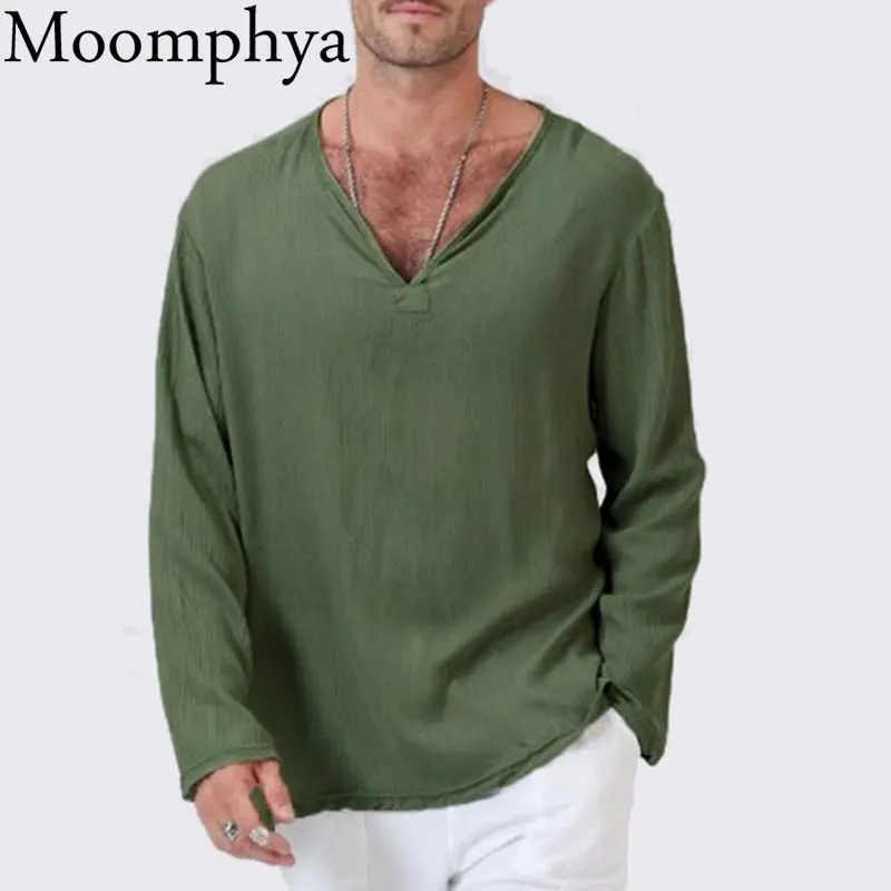

Moomphya V neck Cotton linen men t shirt Long sleeve solid color t-shirt men loose Casual tshirt summer tops tee shirt homme
