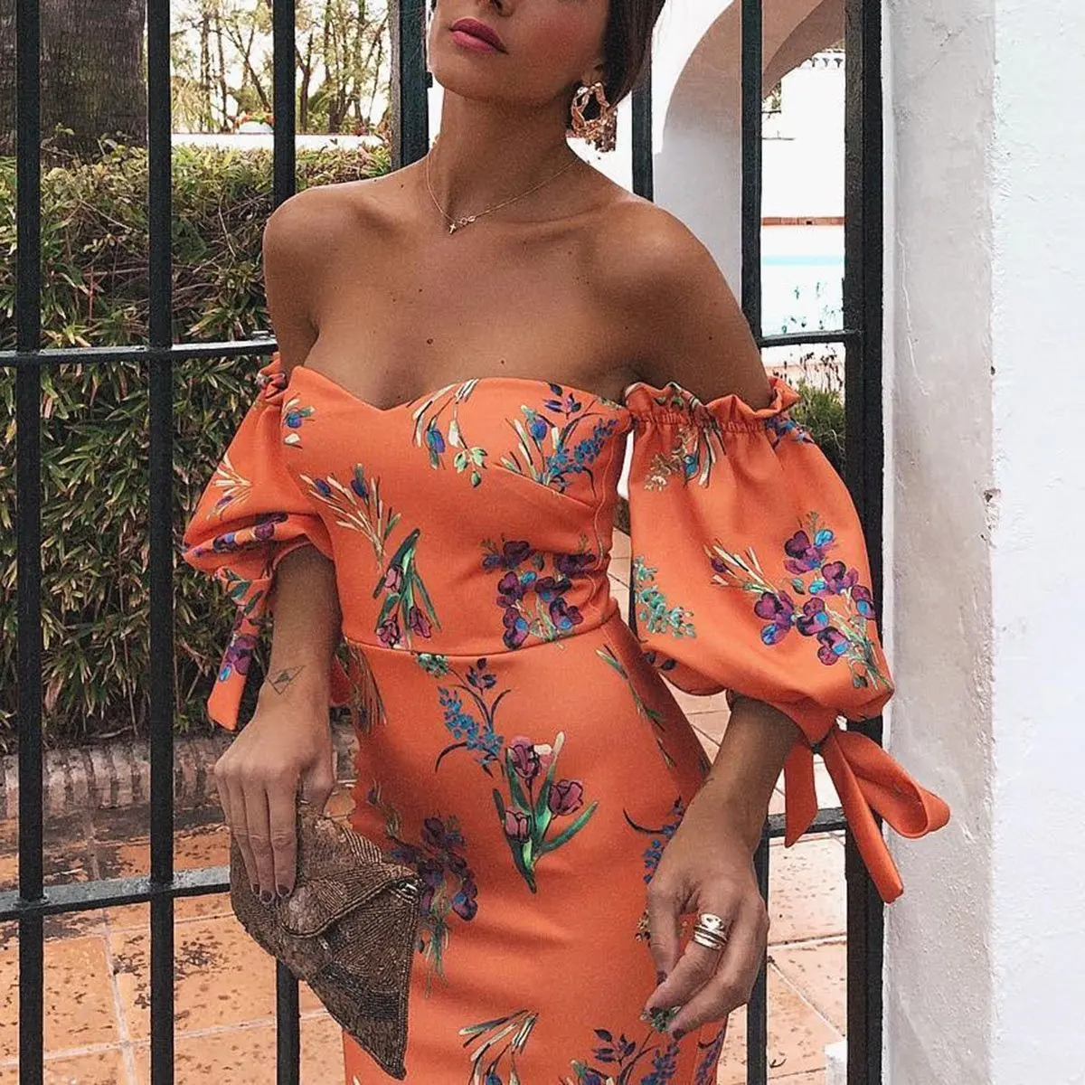 Платье с открытыми плечами и цветочным принтом vestidos mujer одежда vetement femme kleider