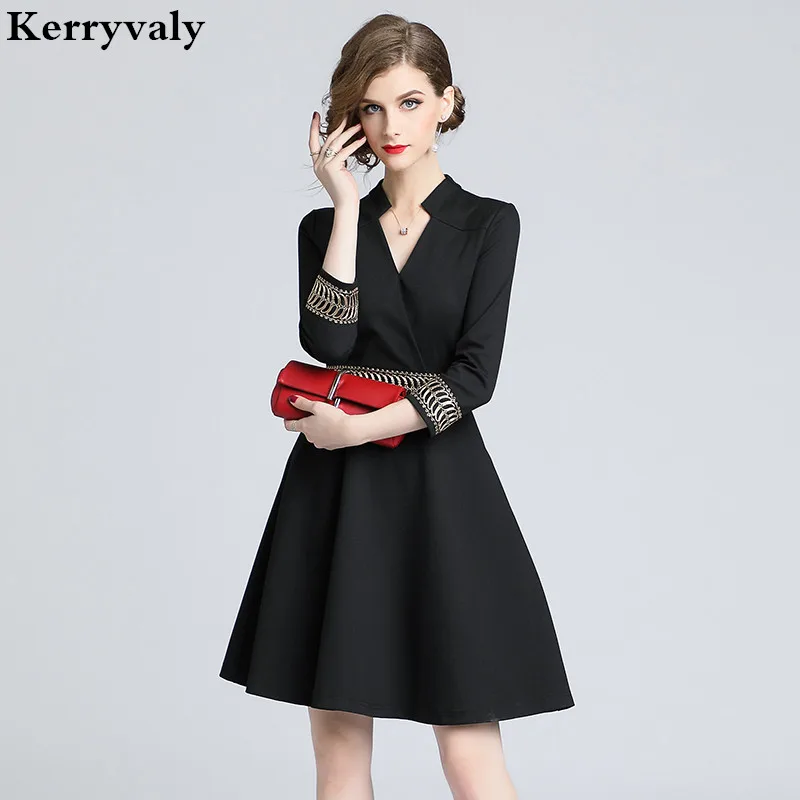 Осеннее женское платье с длинными рукавами и вышивкой Vestidos Casuales Mujer, черное офисное платье миди Lange Jurken K6202
