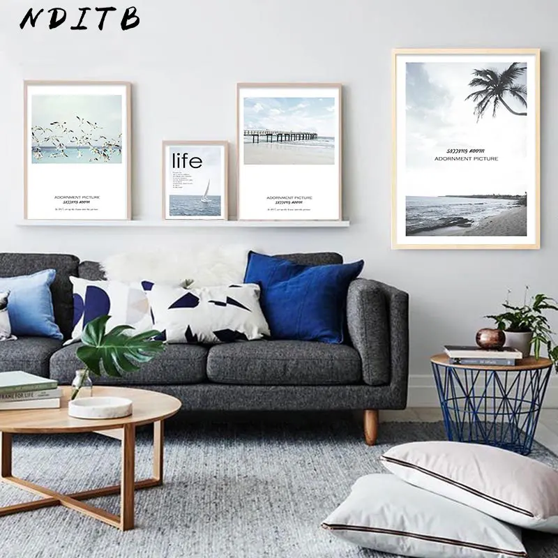 NDITB Scandinavian Sea Beach Coastal Canvas Art Poster Nordic Style Landscape Print Painting Wall Picture for Living Room | Дом и сад