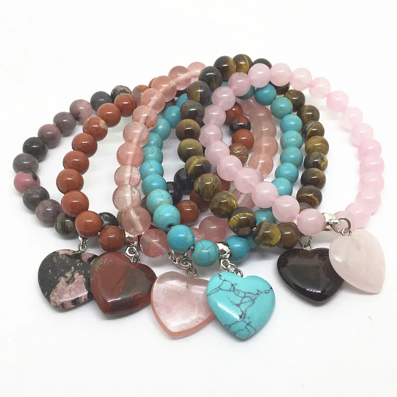 

Wholesale 6 pcs / lot Stone Beads Women Pendant Bracelets Elastic Bangle Colorful With Heart Charms For Women Jewelry