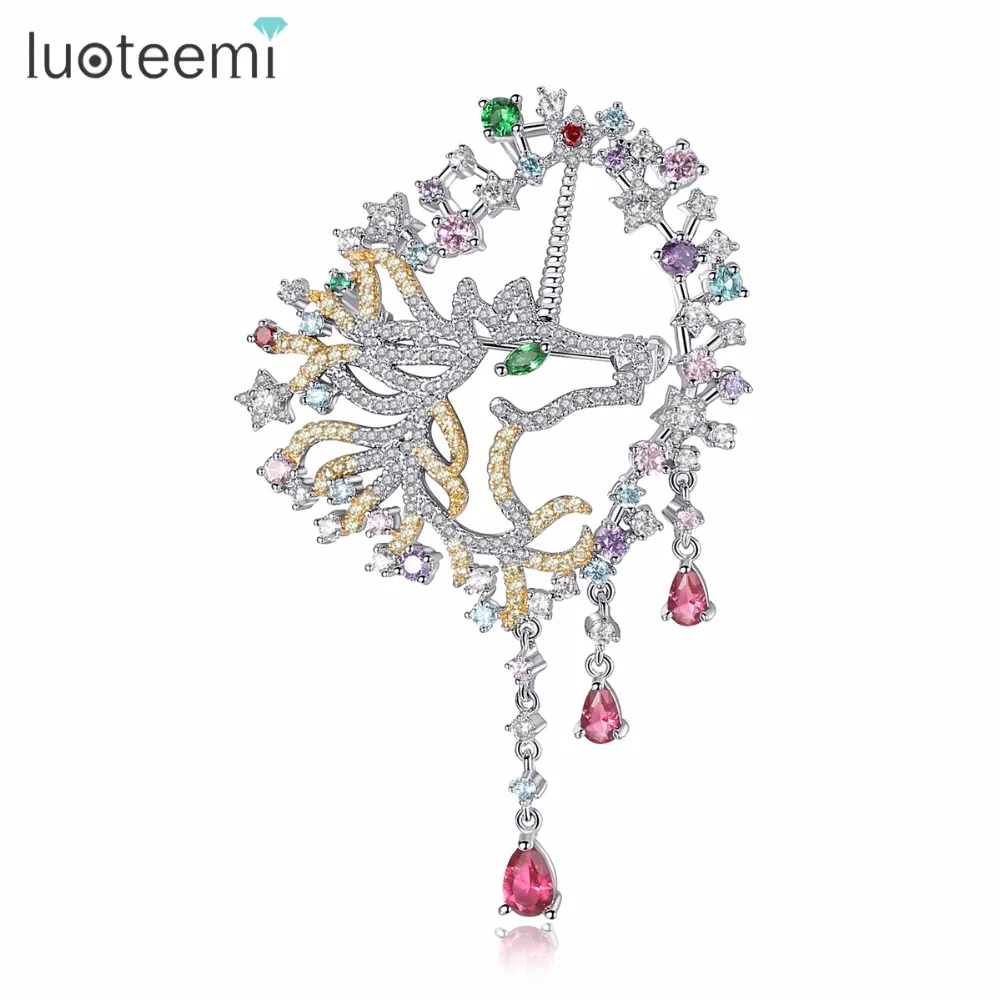 LUOTEEMI, белый, золотой цвет, модная, мульти, CZ, кристалл, полый конь, дизайн, свадебная брошь, булавка для женщин, Рождественский Декор