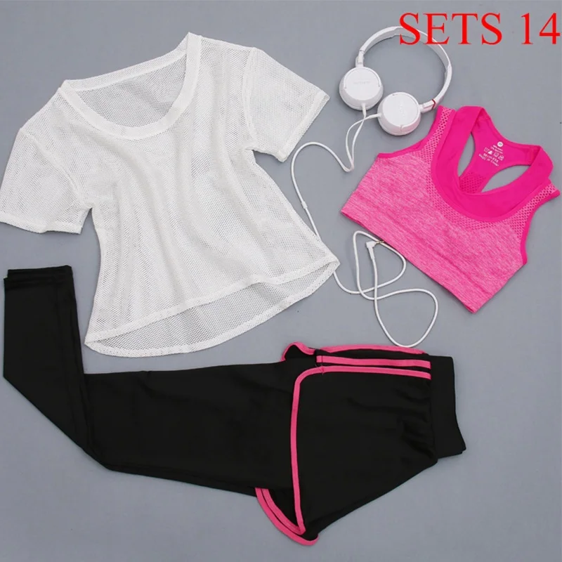 Women Sportwear 3 Pieces Suits Fitness Yoga Set T-Shirt&Bra&Shorts Sport Set Gym Clothes Sport Wear Training Suit Running,ZF197 - Цвет: Sets 14