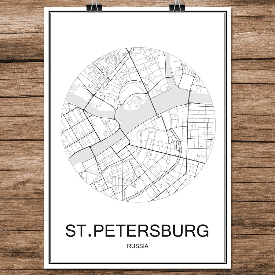 Черный белый цвет карта городов мира св. Петербург принт с покрытием Бумага для