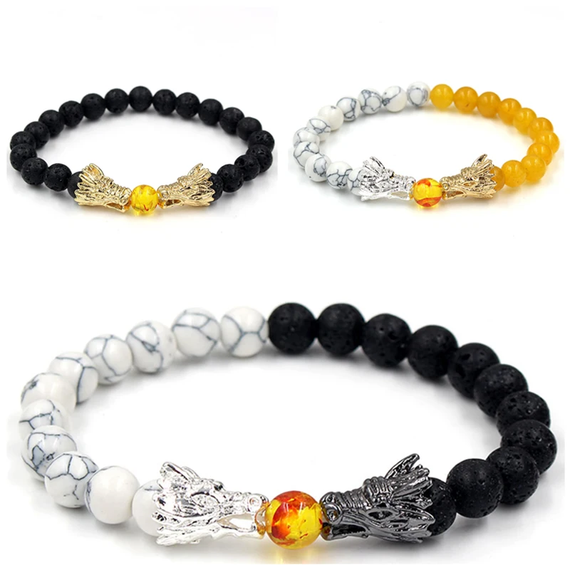 Натуральный черный браслет из лавы и белого камня Howlite Pulseira Masculina мужские ювелирные изделия Будда дракон браслет из бисера для женщин