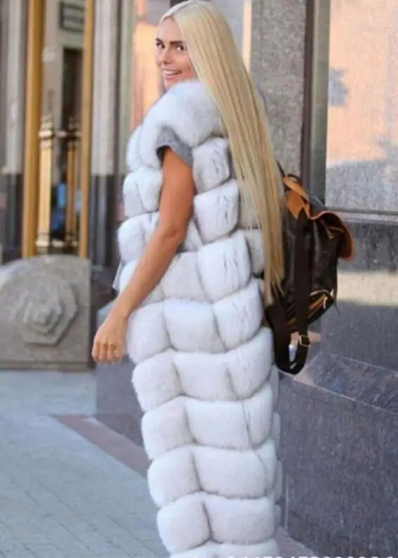 natural white Новая коллекция, зимний жилет из натурального Лисьего меха, пальто для женщин, роскошный Теплый меховой жилет, 120 см, X-Long, модный жилет из натурального Лисьего меха, куртка - Цвет: natural white