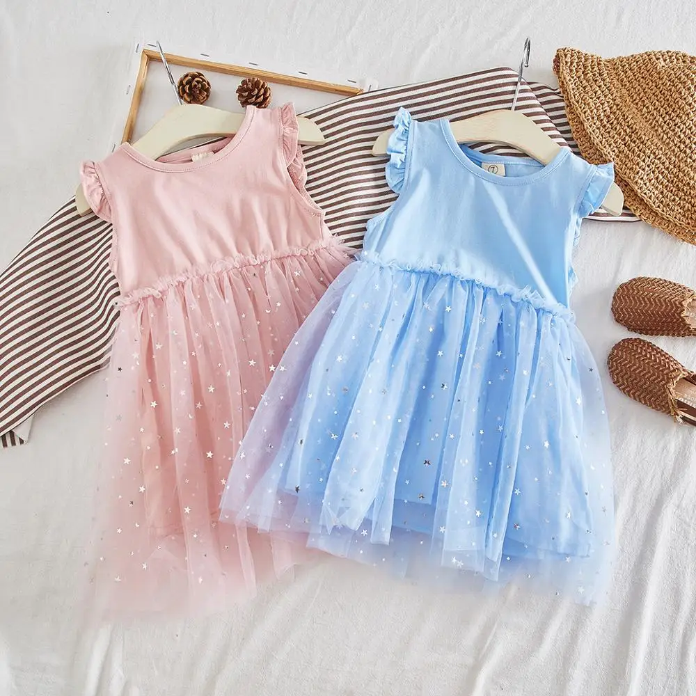 Summer Children's Short Sleeve Patchwork Star Mesh Ball Gown Dress Princess Party Tutu Girls Dresses Vestidos | Детская одежда и