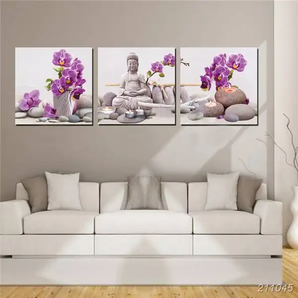 3 Панели Большой Декор настенное искусство Орхидея цветок Будда живопись камни