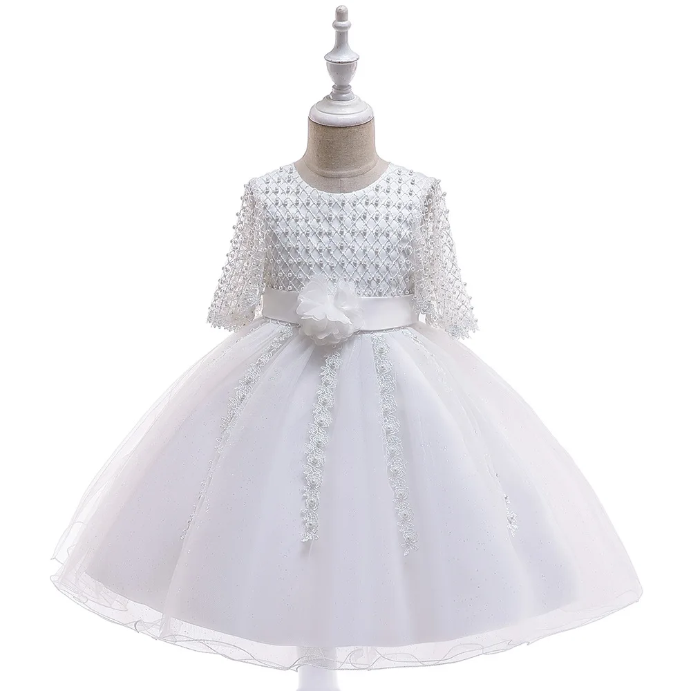 

Ballgown Half Sleeves Lace White Flower Girl Dresses for Wedding Tulle Kids Tutu Birthday Party Dresses with Pearls