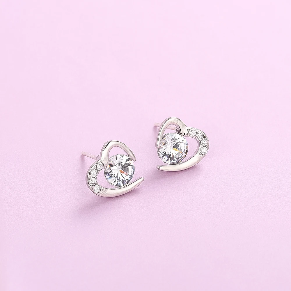 HIYONG Cute Love Heart Stud Earrings With Bright Crystal Korean Earring With Silver Color Cubic Zirconia Crystal Stone For Women |